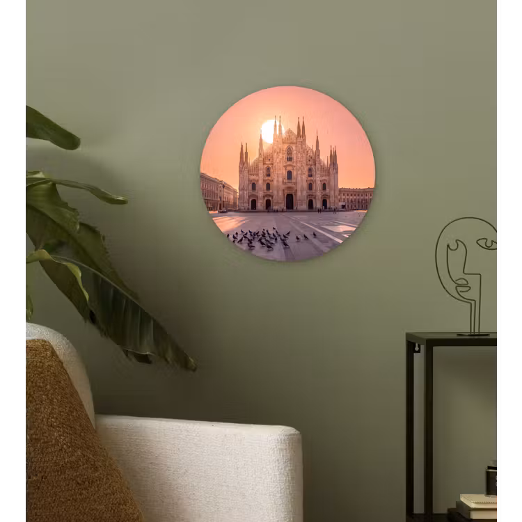 Glasbild Rund - Architektur – Mailand – Platz – Sonnenaufgang – Orange - Architectuur - Milaan - Plein - Zonsopgang - Oranje Wandcirkel plexiglas klein