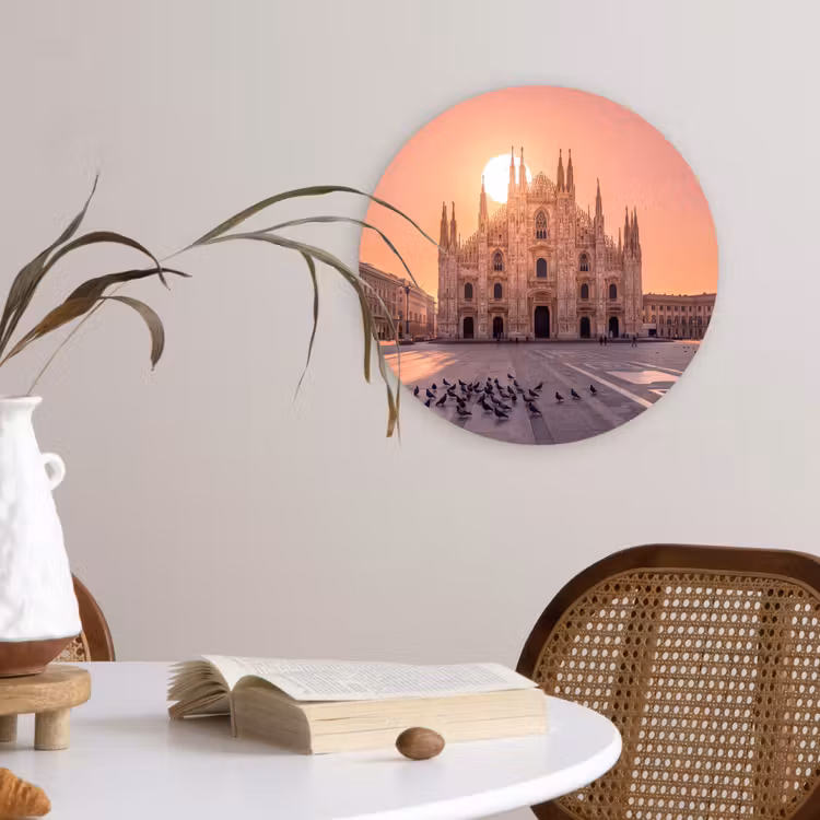 Glasbild Rund - Architektur – Mailand – Platz – Sonnenaufgang – Orange - Architectuur - Milaan - Plein - Zonsopgang - Oranje Wandcirkel plexiglas klein