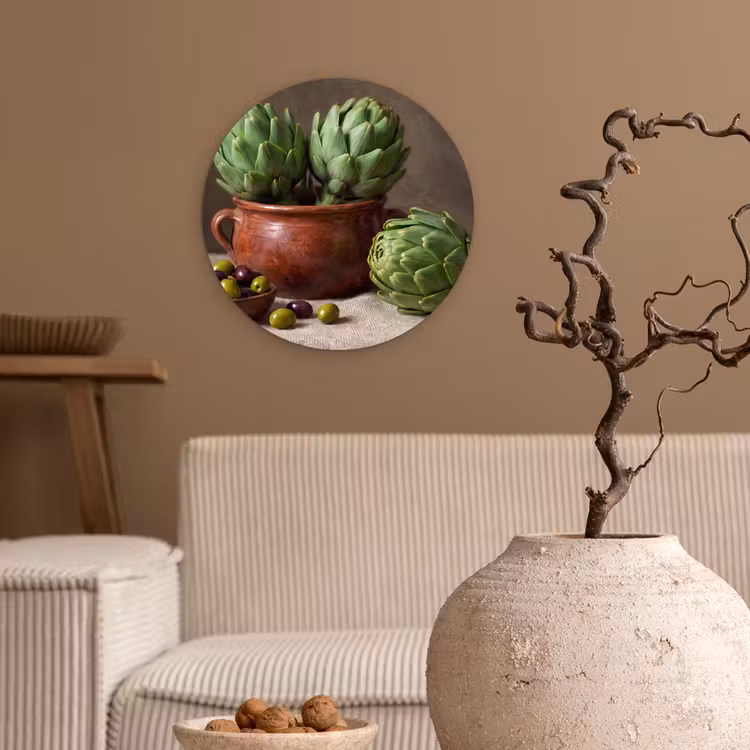 Glasbild Rund - Artischocken – Oliven – Essen - Artisjokken - Olijven - Eten Wandcirkel plexiglas klein