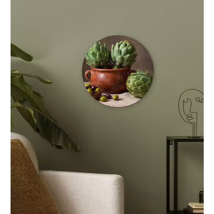 Glasbild Rund - Artischocken – Oliven – Essen - Artisjokken - Olijven - Eten Wandcirkel plexiglas klein