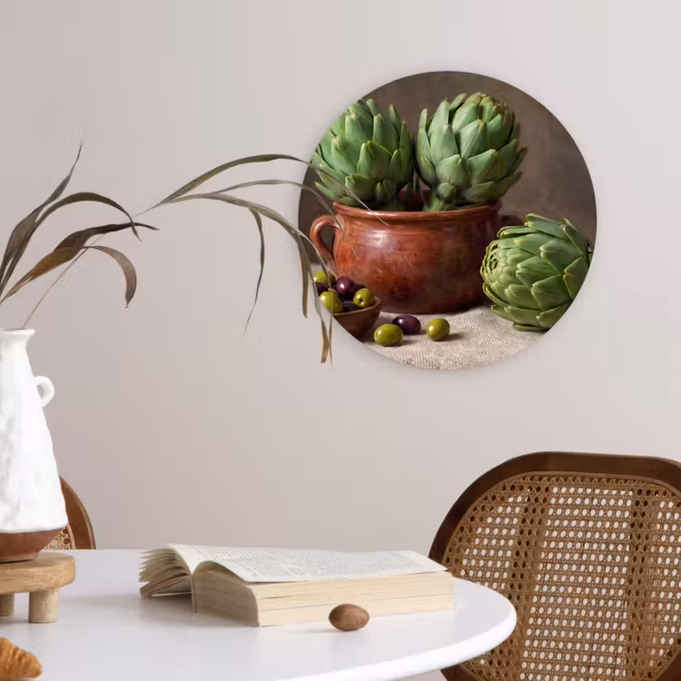 Glasbild Rund - Artischocken – Oliven – Essen - Artisjokken - Olijven - Eten Wandcirkel plexiglas klein
