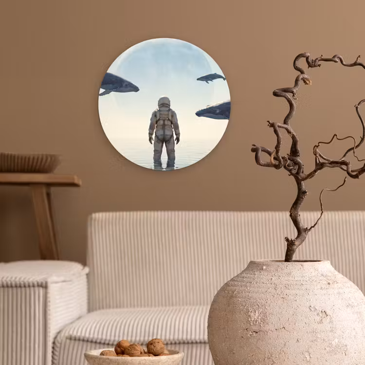 Glasbild Rund - Astronaut – Wal – Fantasie - Ruimtevaarder - Walvis - Fantasie Wandcirkel plexiglas klein