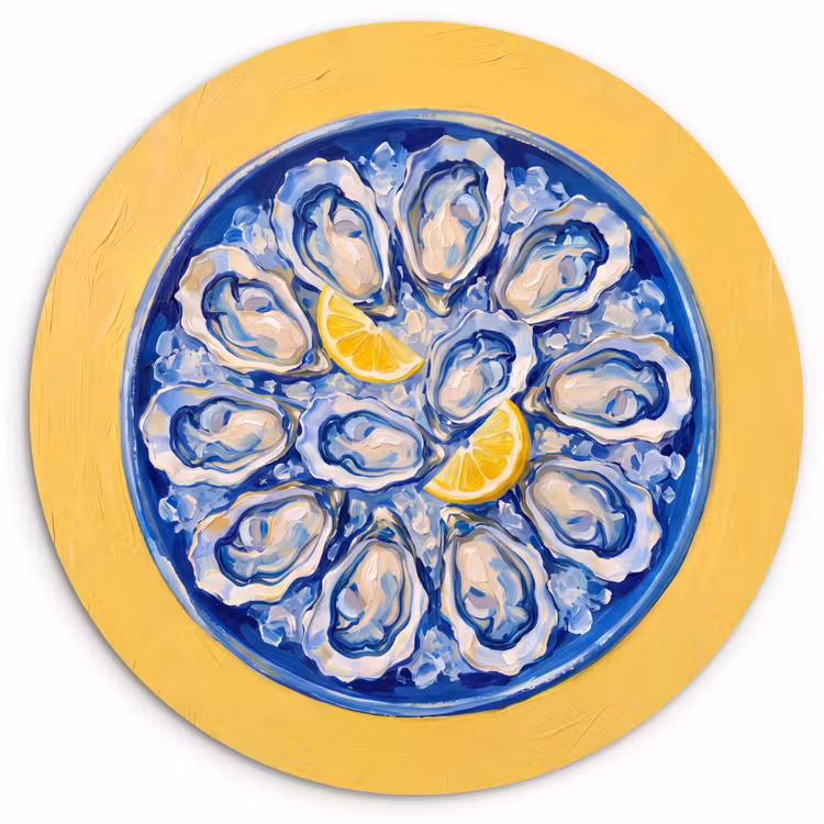 Glasbild Rund - Austern – Zitrone – Eis – Modern – Gelb - Oesters - Citroen - IJs - Modern - Geel Wandcirkel plexiglas klein