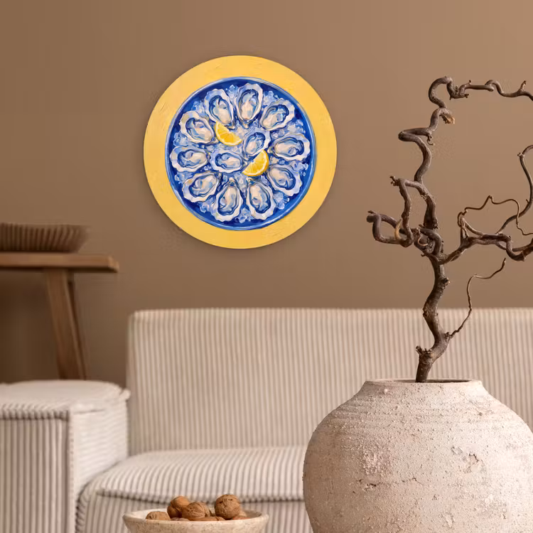 Glasbild Rund - Austern – Zitrone – Eis – Modern – Gelb - Oesters - Citroen - IJs - Modern - Geel Wandcirkel plexiglas klein