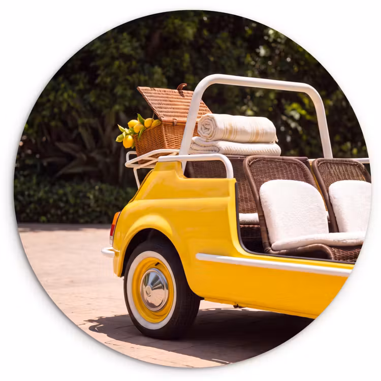 Glasbild Rund - Auto – Picknick – Sommer – Gelb - Auto - Picknick - Zomer - Geel Wandcirkel plexiglas klein