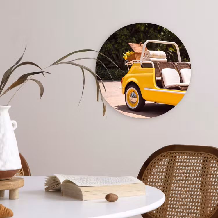 Glasbild Rund - Auto – Picknick – Sommer – Gelb - Auto - Picknick - Zomer - Geel Wandcirkel plexiglas klein