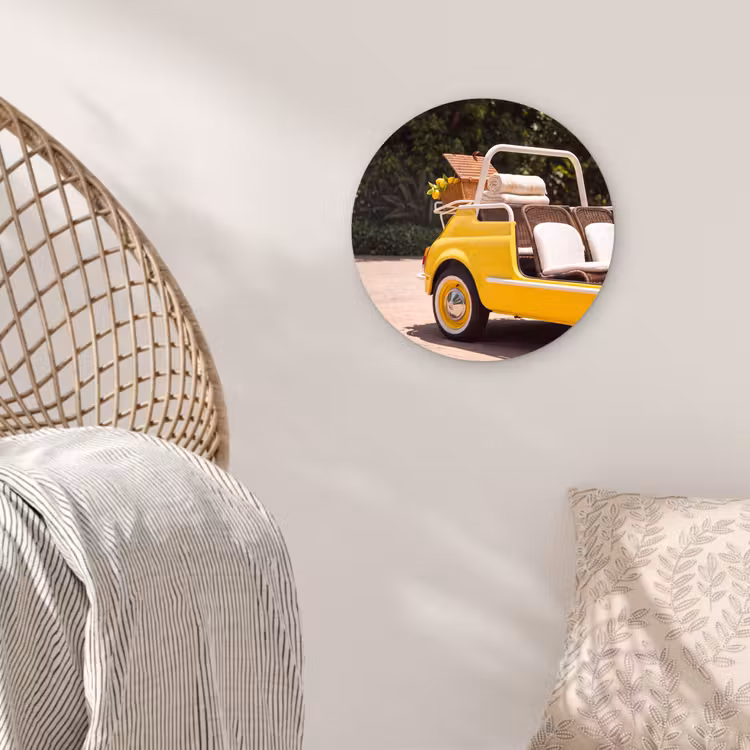 Glasbild Rund - Auto – Picknick – Sommer – Gelb - Auto - Picknick - Zomer - Geel Wandcirkel plexiglas klein