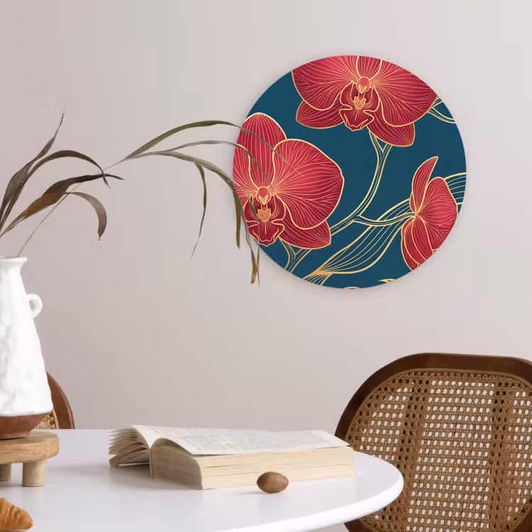 Glasbild Rund - Blumen – Rot – Gold - Bloemen - Rood - Goud Wandcirkel plexiglas klein