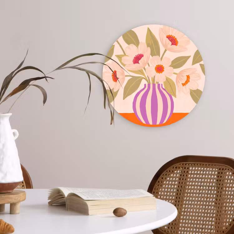 Glasbild Rund - Blumen – Vase – Abstrakt – Lila – Orange - Bloemen - Vaas - Abstract - Paars - Oranje Wandcirkel plexiglas klein