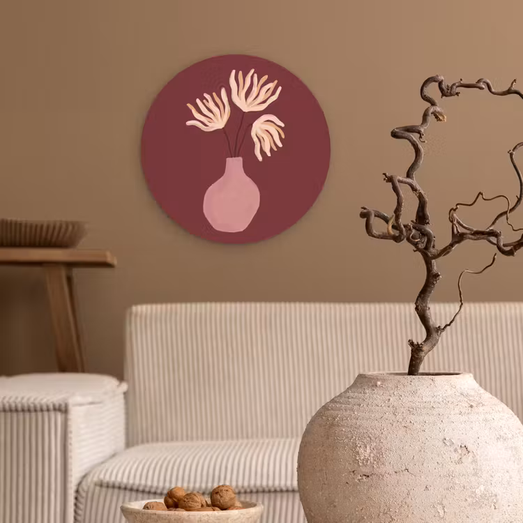 Glasbild Rund - Blumen – Vase – Abstrakt – Modern – Erdtöne - Bloemen - Vaas - Abstract - Modern - Aardetinten Wandcirkel plexiglas klein