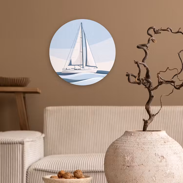 Glasbild Rund - Boot – Segel – Meer – Modern – Beige - Boot - Zeil - Zee - Modern - Beige Wandcirkel plexiglas klein