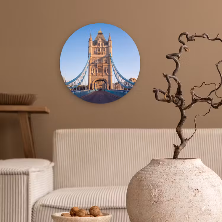 Glasbild Rund - Brücke – Turm – Architektur – Klassisch – Blau - Brug - Toren - Architectuur - Klassiek - Blauw Wandcirkel plexiglas klein