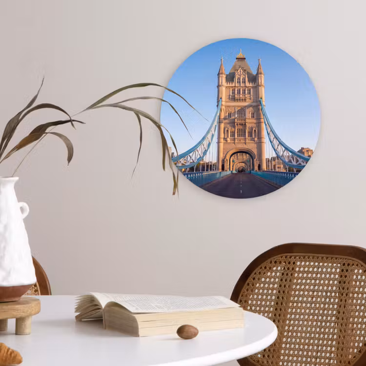 Glasbild Rund - Brücke – Turm – Architektur – Klassisch – Blau - Brug - Toren - Architectuur - Klassiek - Blauw Wandcirkel plexiglas klein