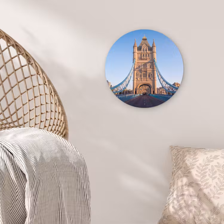 Glasbild Rund - Brücke – Turm – Architektur – Klassisch – Blau - Brug - Toren - Architectuur - Klassiek - Blauw Wandcirkel plexiglas klein