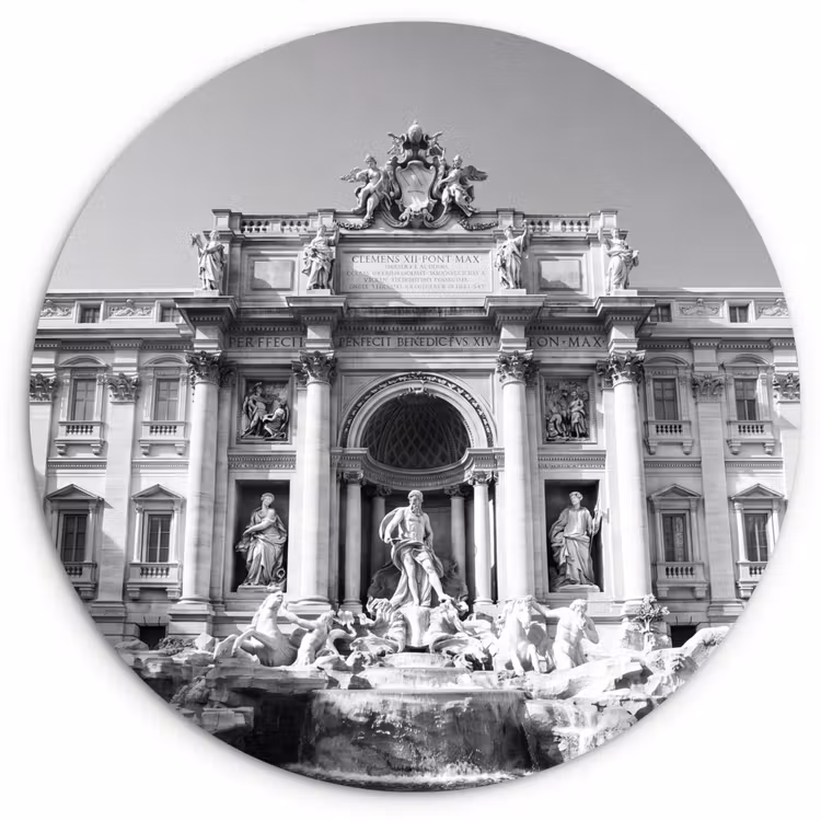 Glasbild Rund - Brunnen – Skulpturen – Architektur – Schwarz-Weiß — 1