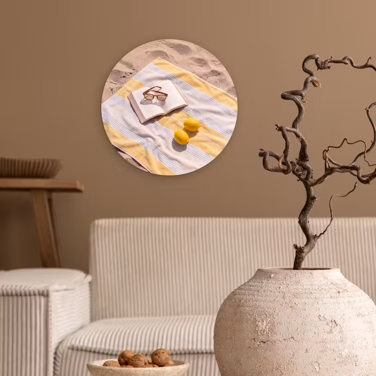 Glasbild Rund - Buch – Sonnenbrille – Strand – Sommer – Gelb - Boek - Zonnebril - Strand - Zomer - Geel Wandcirkel plexiglas klein