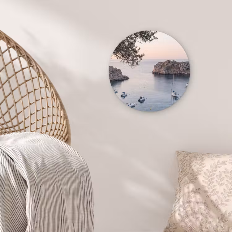 Glasbild Rund - Bucht – Boote – Sonnenuntergang - Baai - boten - zonsondergang Wandcirkel plexiglas klein