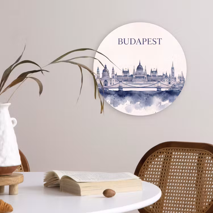 Glasbild Rund - Budapest – Skyline – Architektur – Aquarell – Blau - Boedapest - Skyline - Architectuur - Aquarel - Blauw Wandcirkel plexiglas klein