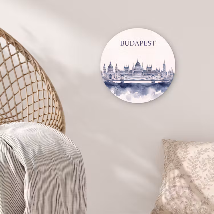 Glasbild Rund - Budapest – Skyline – Architektur – Aquarell – Blau - Boedapest - Skyline - Architectuur - Aquarel - Blauw Wandcirkel plexiglas klein
