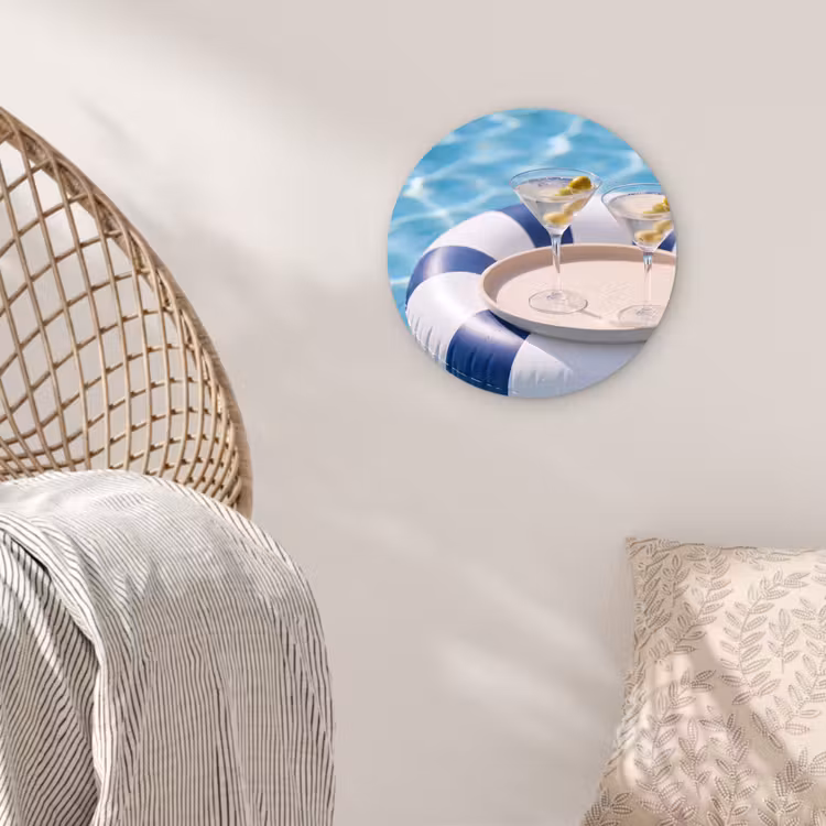 Glasbild Rund - Cocktail – Schwimmbad – Sommer – Blau - Cocktail - Zwembad - Zomer - Blauw Wandcirkel plexiglas klein
