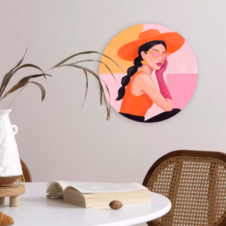 Glasbild Rund - Damen – Hut – Mode – Modern – Orange - Vrouw - Hoed - Mode - Modern - Oranje Wandcirkel plexiglas klein