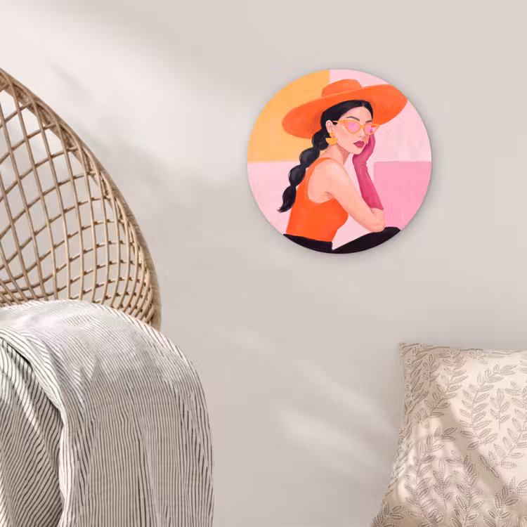 Glasbild Rund - Damen – Hut – Mode – Modern – Orange - Vrouw - Hoed - Mode - Modern - Oranje Wandcirkel plexiglas klein