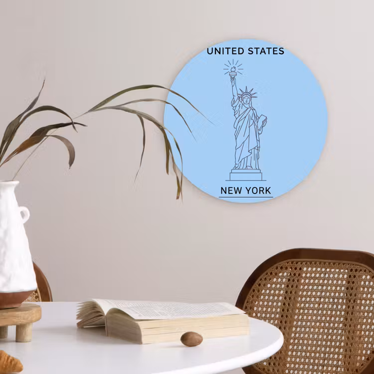 Glasbild Rund - Denkmal – Freiheitsstatue – New York – Minimalistisch – Blau - Monument - Vrijheidsbeeld - New York - Minimalistisch - Blauw Wandcirkel plexiglas klein