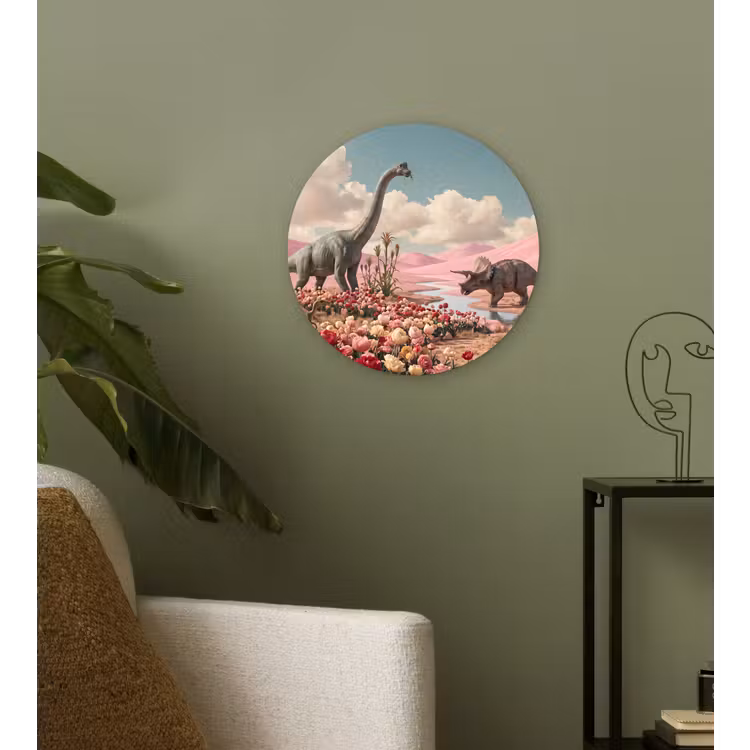 Glasbild Rund - Dinosaurier – Rosa – Landschaft - Dinosaurus - Roze - Landschap Wandcirkel plexiglas klein