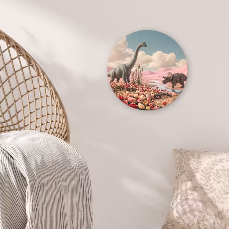 Glasbild Rund - Dinosaurier – Rosa – Landschaft - Dinosaurus - Roze - Landschap Wandcirkel plexiglas klein
