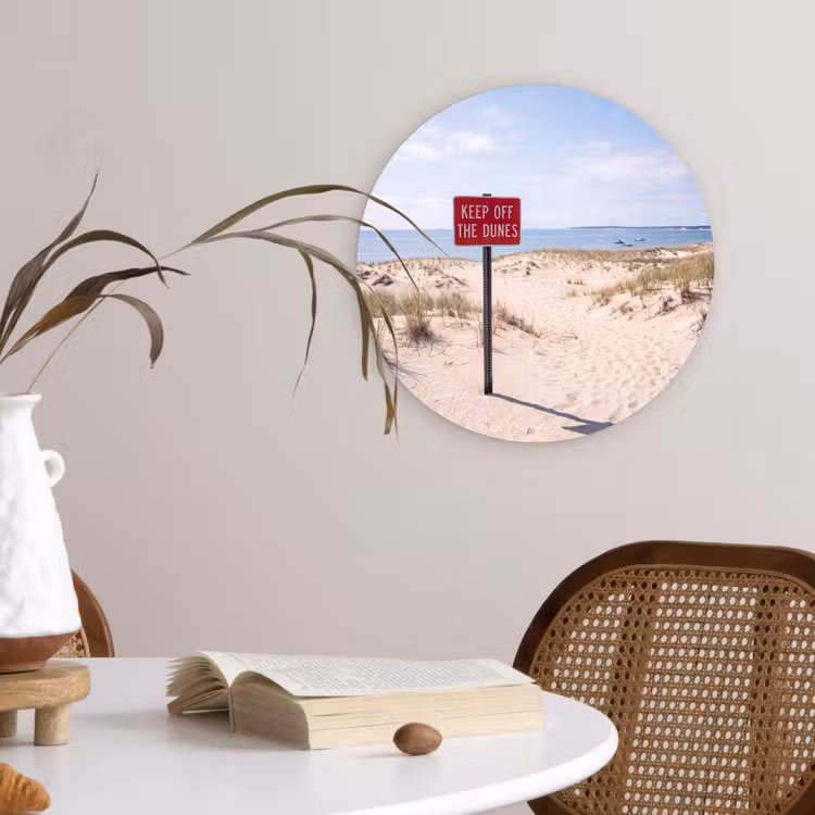 Glasbild Rund - Düne – Schild – Küste – Landschaft – Rot - Duin - Bord - Kust - Landschap - Rood Wandcirkel plexiglas klein