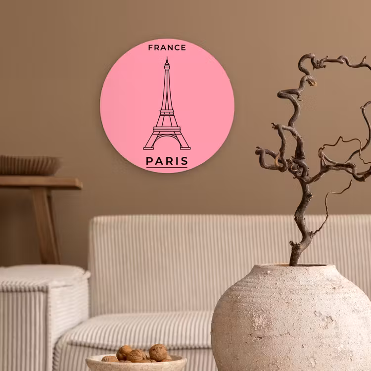 Glasbild Rund - Eiffelturm – Paris – Architektur – Minimalistisch – Rosa - Eiffeltoren - Parijs - Architectuur - Minimalistisch - Roze Wandcirkel plexiglas klein