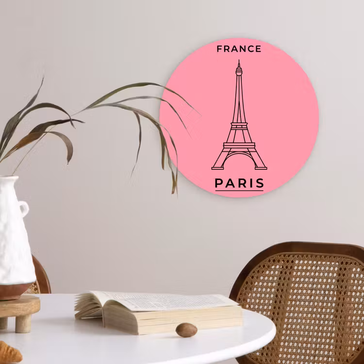 Glasbild Rund - Eiffelturm – Paris – Architektur – Minimalistisch – Rosa - Eiffeltoren - Parijs - Architectuur - Minimalistisch - Roze Wandcirkel plexiglas klein