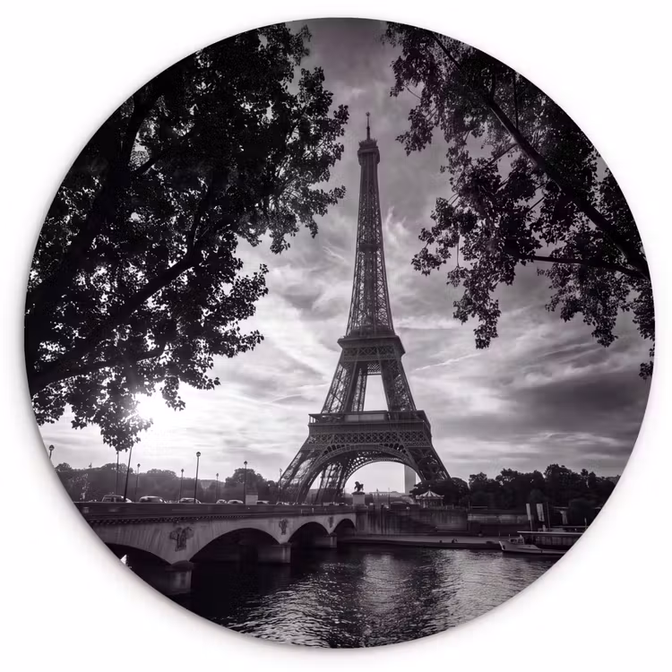 Glasbild Rund - Eiffelturm – Paris – Fluss – Architektur – Schwarz-Weiß - Eiffeltoren - Parijs - Rivier - Architectuur - Zwart-wit Wandcirkel plexiglas klein