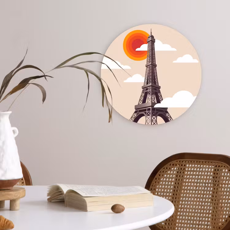 Glasbild Rund - Eiffelturm – Sonne – Architektur – Abstrakt – Beige - Eiffeltoren - Zon - Architectuur - Abstract - Beige Wandcirkel plexiglas klein