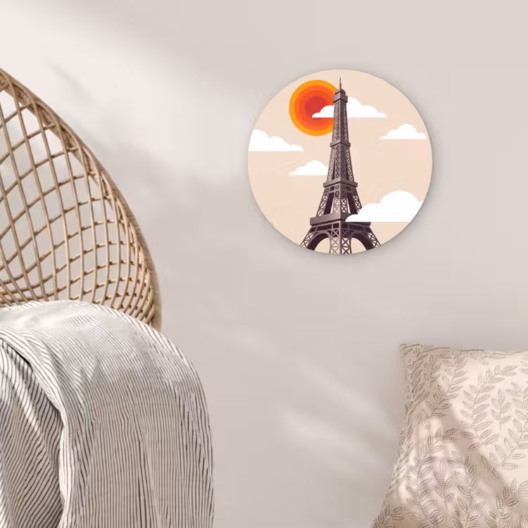 Glasbild Rund - Eiffelturm – Sonne – Architektur – Abstrakt – Beige - Eiffeltoren - Zon - Architectuur - Abstract - Beige Wandcirkel plexiglas klein