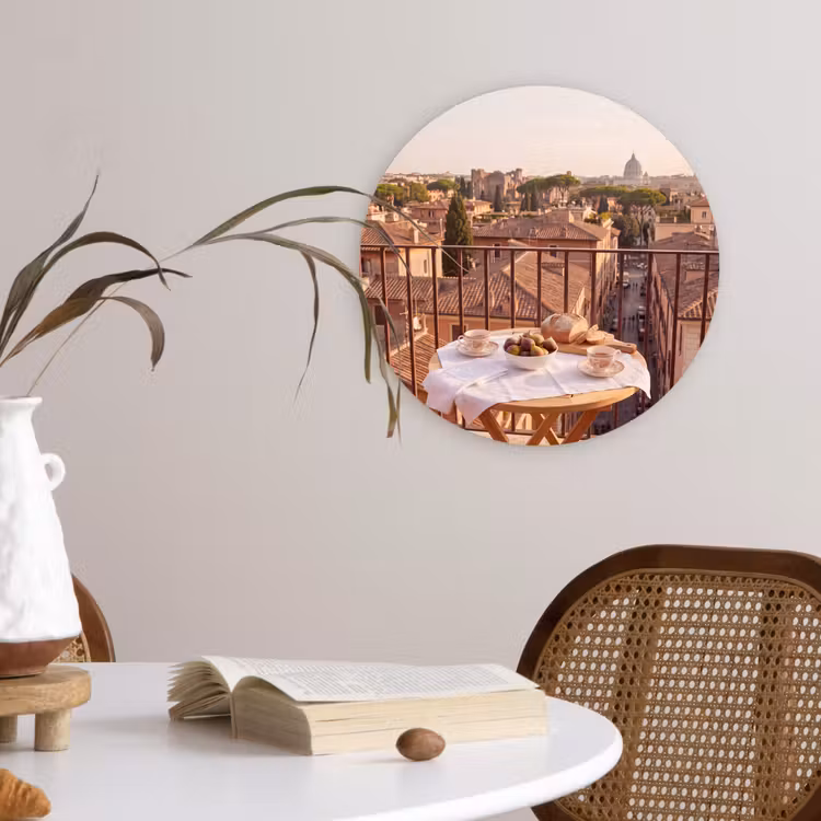 Glasbild Rund - Essen – Frühstück – Balkon – Stadt – Sonnenaufgang - Eten - Ontbijt - Balkon - Stad - Zonsopgang Wandcirkel plexiglas klein