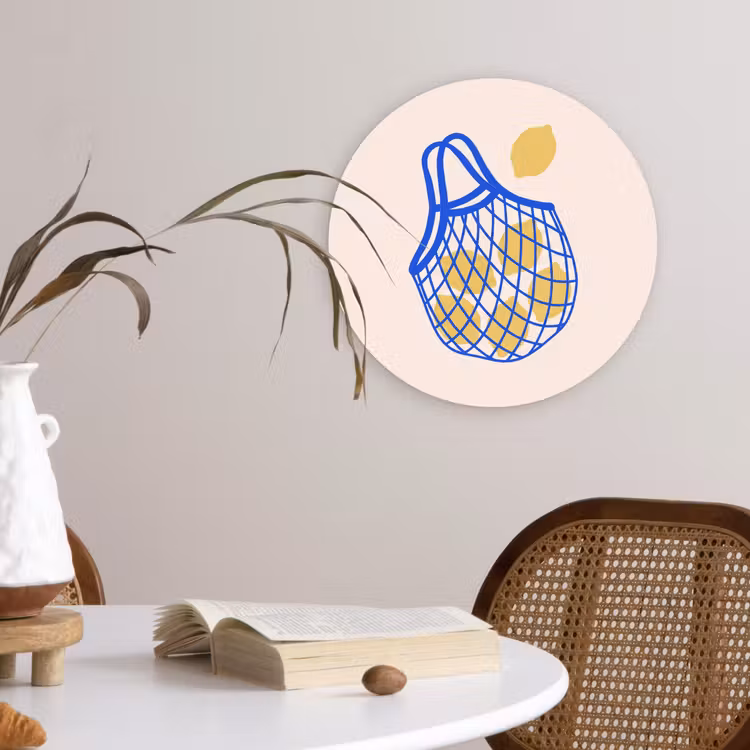 Glasbild Rund - Essen – Zitrone – Einkäufe – Abstrakt – Gelb – Blau - Eten - Citroen - Boodschappen - Abstract - Geel - Blauw Wandcirkel plexiglas klein