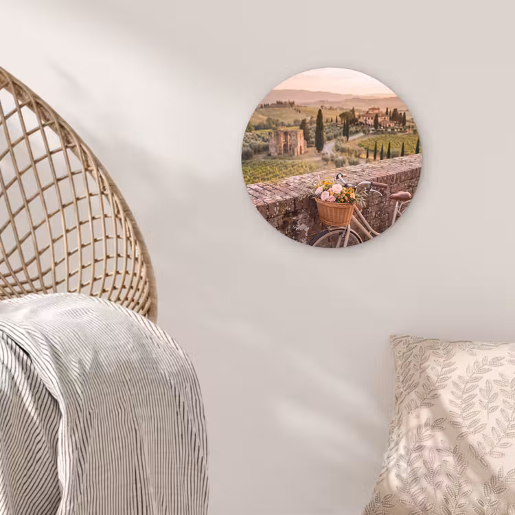 Glasbild Rund - Fahrrad – Blumen – Toskana – Landschaft – Rosa - Fiets - Bloemen - Toscane - Landschap - Roze Wandcirkel plexiglas klein