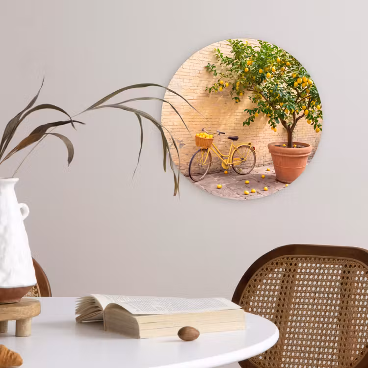 Glasbild Rund - Fahrrad – Korb – Essen – Gelb – Sommer - Fiets - Mand - Eten - Geel - Zomer Wandcirkel plexiglas klein
