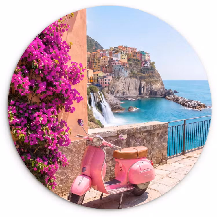 Glasbild Rund - Fahrzeug – Rosa – Küste – Sommer – Reisen - Voertuig - Roze - Kust - Zomer - Reizen Wandcirkel plexiglas klein