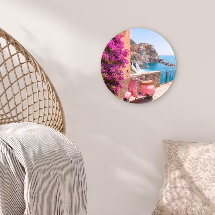 Glasbild Rund - Fahrzeug – Rosa – Küste – Sommer – Reisen - Voertuig - Roze - Kust - Zomer - Reizen Wandcirkel plexiglas klein