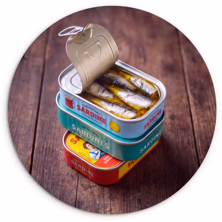 Glasbild Rund - Fisch – Dosen – Küche - Vis - Blikjes - Keuken Wandcirkel plexiglas klein