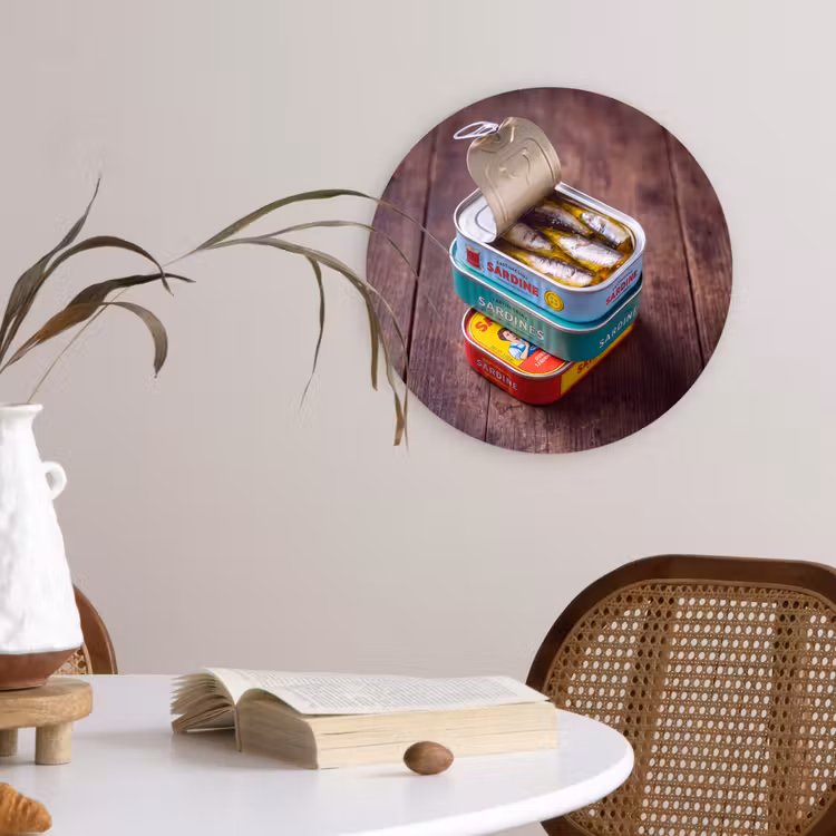 Glasbild Rund - Fisch – Dosen – Küche - Vis - Blikjes - Keuken Wandcirkel plexiglas klein