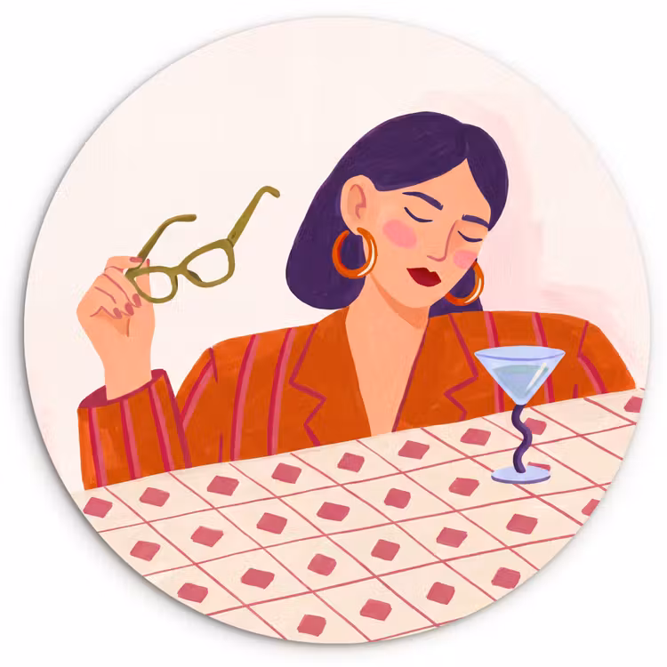 Glasbild Rund - Frau – Brille – Cocktail – Illustration – Modern - Vrouw - Bril - Cocktail - Illustratie - Modern Wandcirkel plexiglas klein