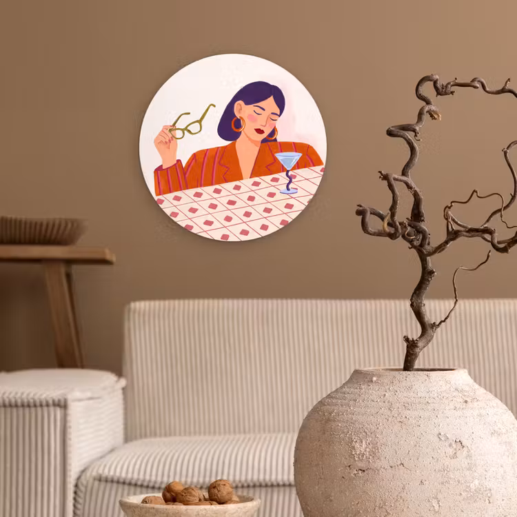 Glasbild Rund - Frau – Brille – Cocktail – Illustration – Modern - Vrouw - Bril - Cocktail - Illustratie - Modern Wandcirkel plexiglas klein