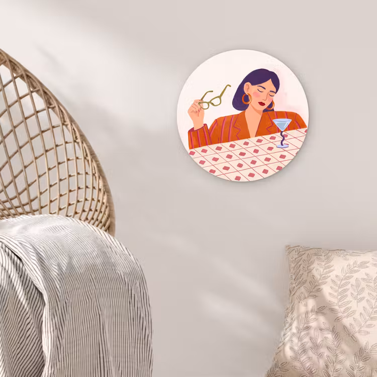 Glasbild Rund - Frau – Brille – Cocktail – Illustration – Modern - Vrouw - Bril - Cocktail - Illustratie - Modern Wandcirkel plexiglas klein