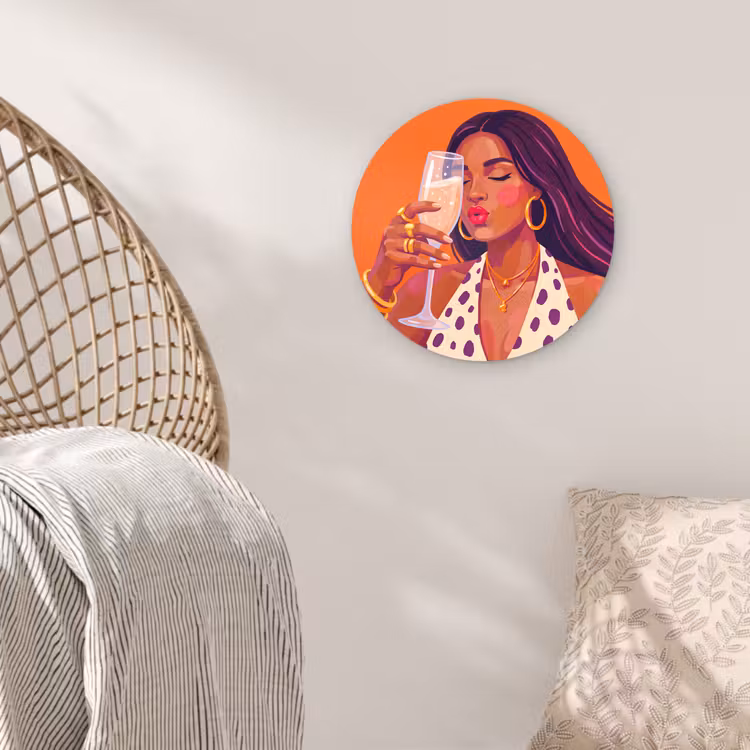 Glasbild Rund - Frau – Champagner – Party – Modern – Orange - Vrouw - Champagne - Feest - Modern - Oranje Wandcirkel plexiglas klein