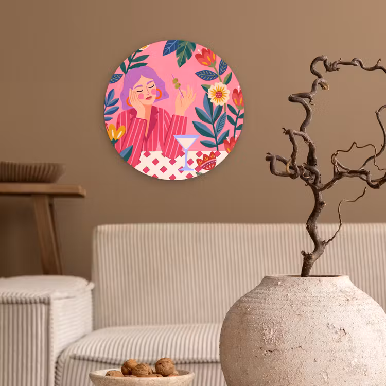 Glasbild Rund - Frau – Cocktail – Blumen – Modern – Rosa - Vrouw - Cocktail - Bloemen - Modern - Roze Wandcirkel plexiglas klein