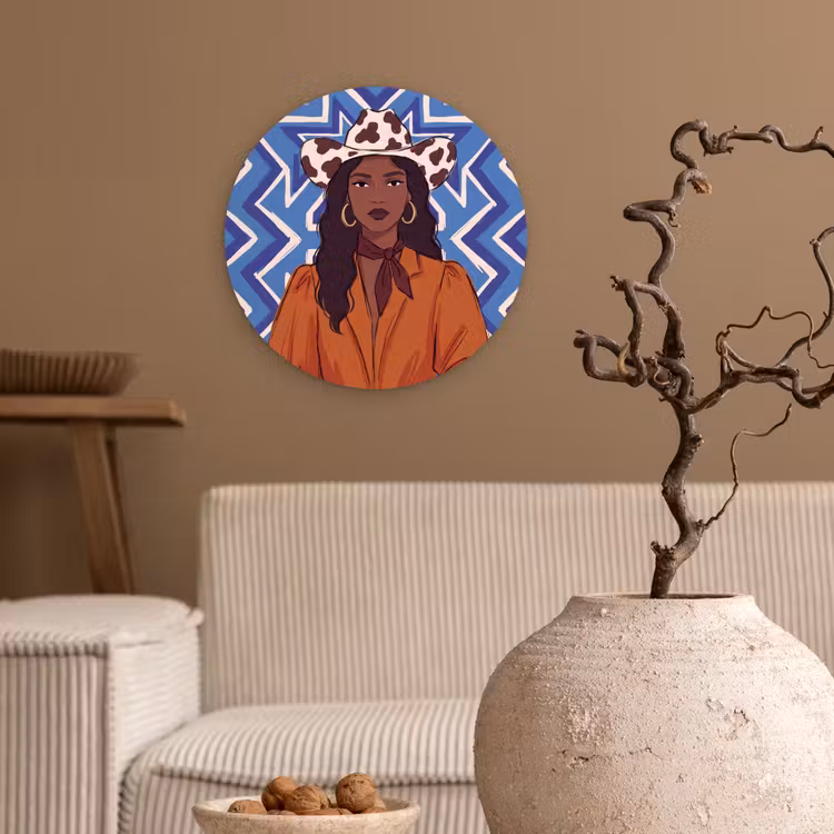 Glasbild Rund - Frau – Cowboyhut – Porträt – Modern – Blau — 2