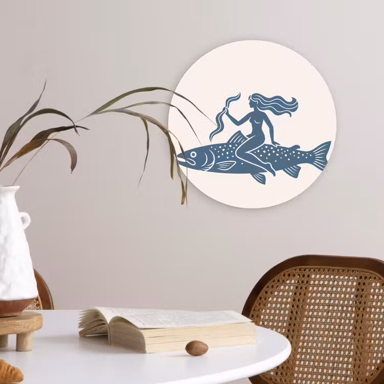 Glasbild Rund - Frau – Fisch – Fantasie – Abstrakt – Blau - Vrouw - Vis - Fantasie - Abstract - Blauw Wandcirkel plexiglas klein